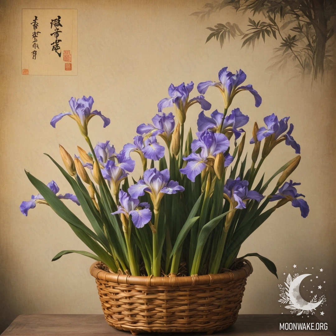 A delicate iris flower nestled in a coffee-colored basket, surrounded by mist and sunlight.