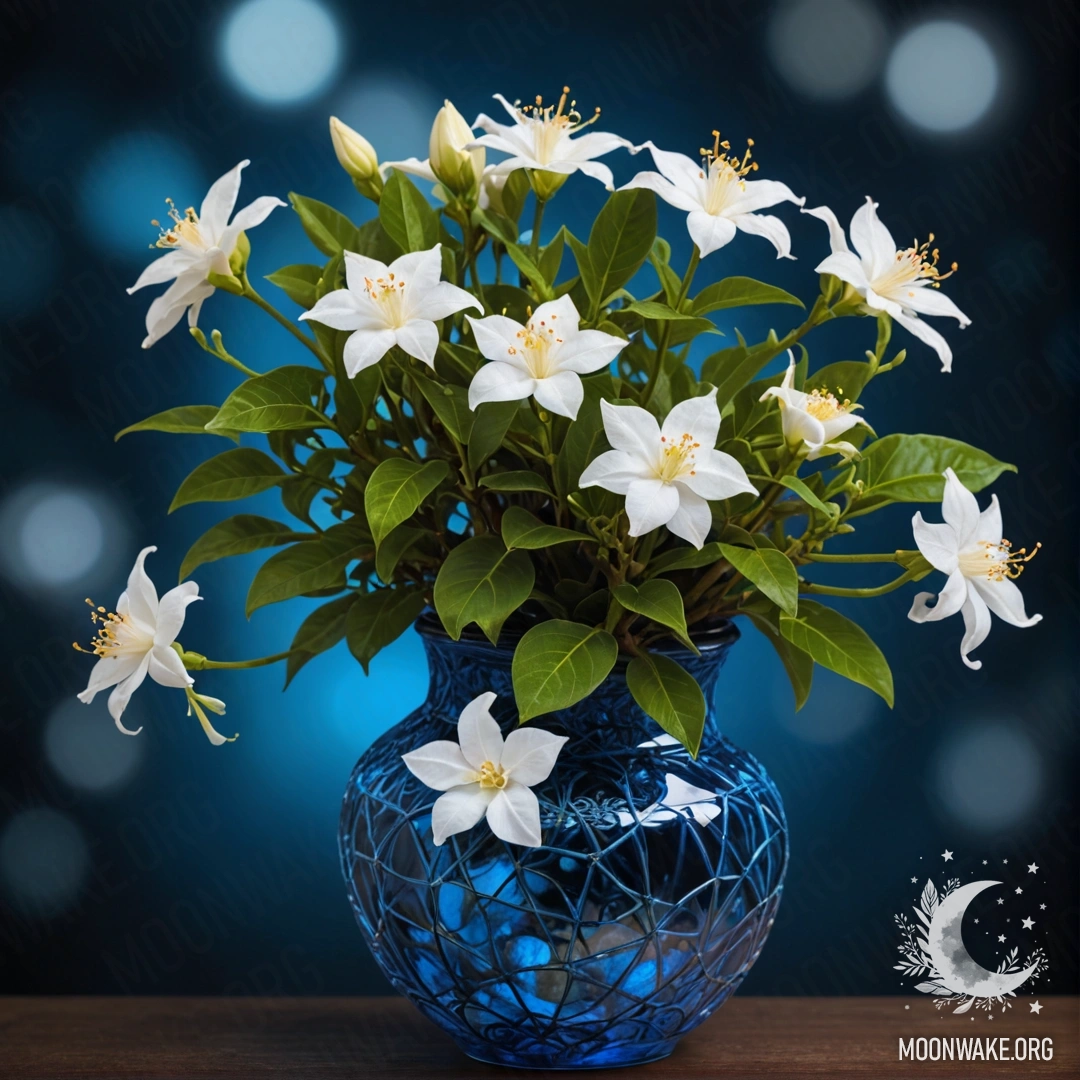 A beautiful arrangement of sweet jasmine flowers with a web in a blue vase at night.