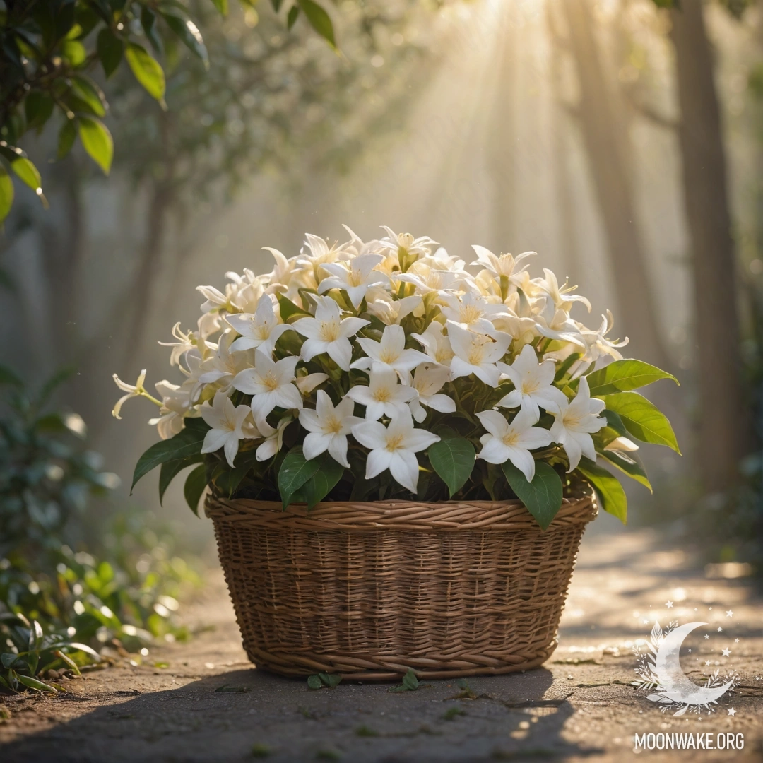 A basket filled with sweet jasmine flowers enveloped in fog, illuminated by soft rays of sunlight.