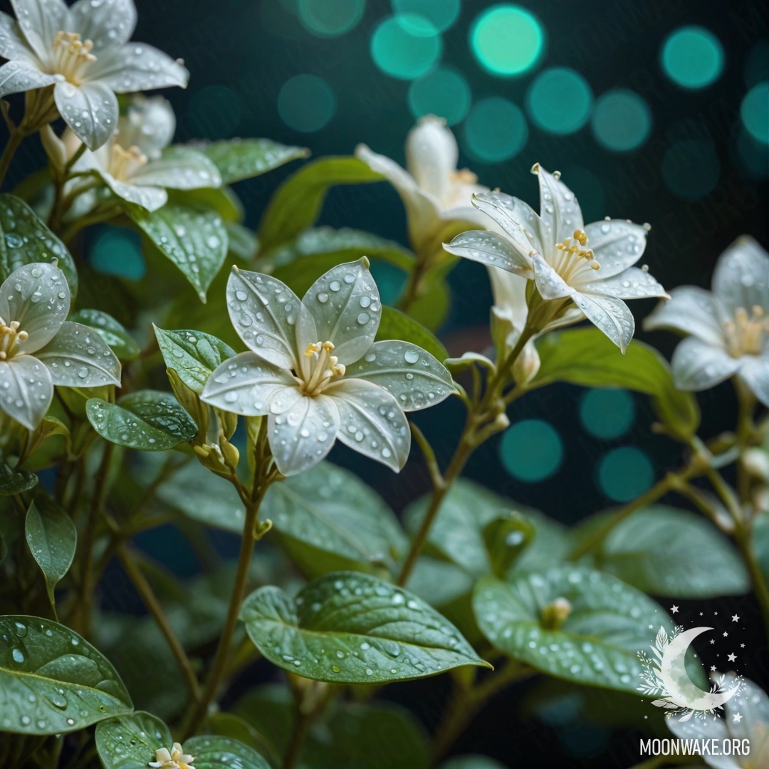 A close-up of sweet jasmine flowers adorned with dew drops at nighttime against a mint-colored background.