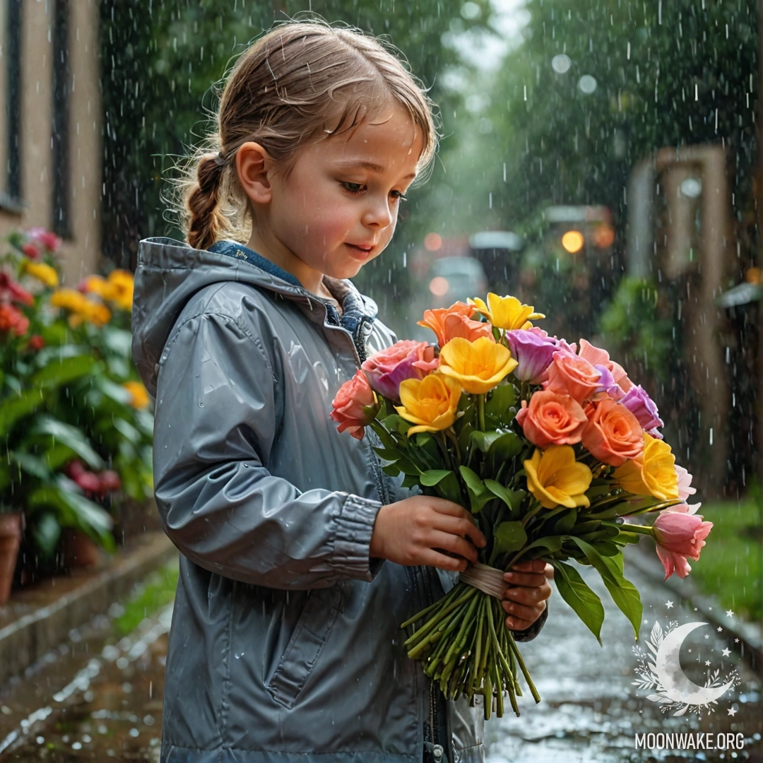 A child is sniffing a bouquet of flowers while it's raining.