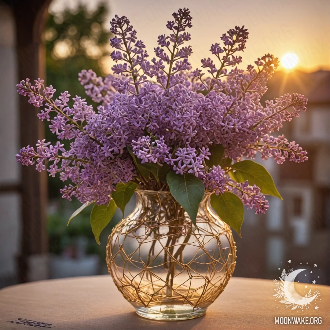 A beautiful arrangement of lilac flowers with a spider web in a golden vase at sunset.