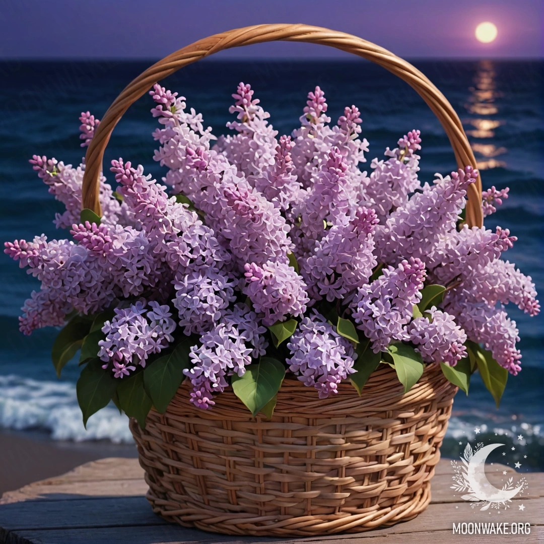 A digital painting of sweet lilac flowers in a basket colored like sea waves at night.