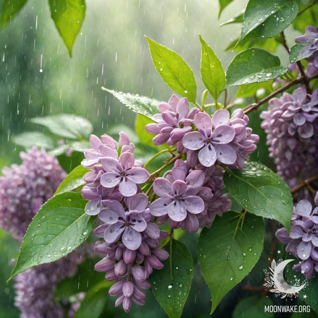 A beautiful watercolor painting of lilac flowers under the rain with green background.