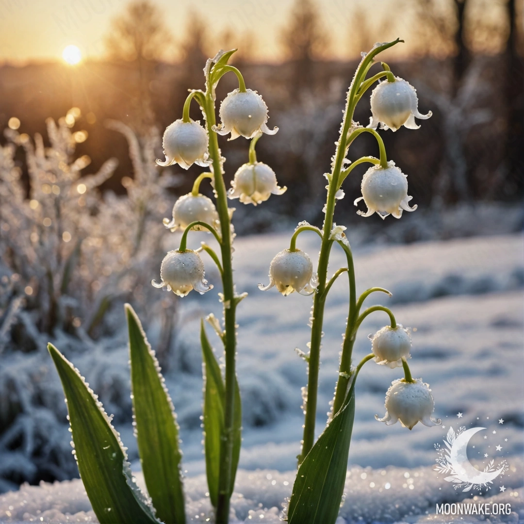 A delicate lily of the valley covered in frost with golden sequins at sunset.