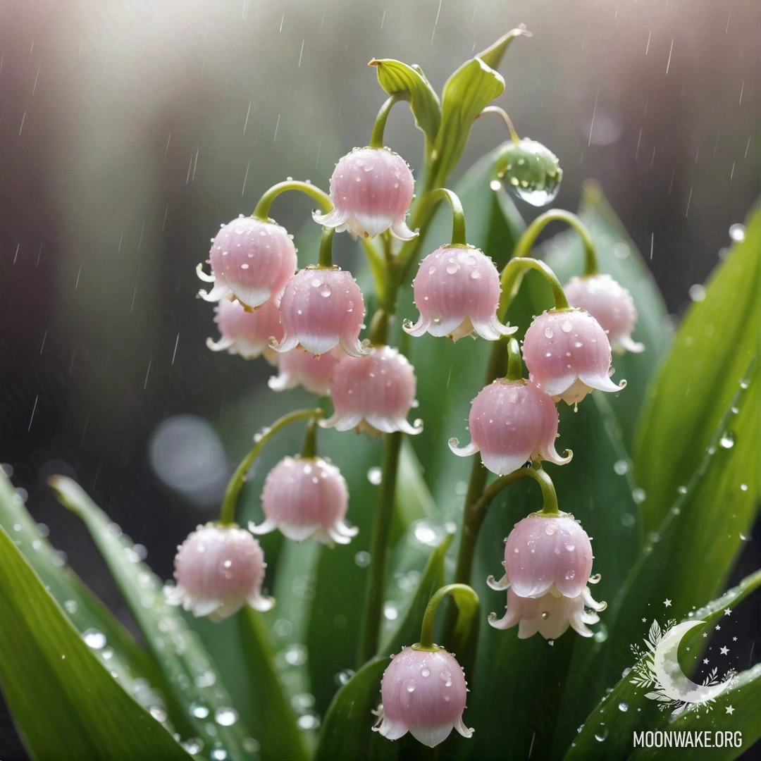 A delicate lily of the valley in the rain, adorned with pink sequins.