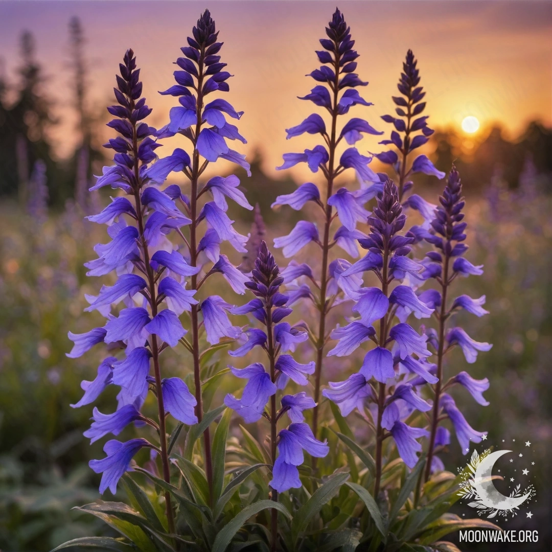 A bouquet of sweet lobelia flowers in shades of purple at sunset.