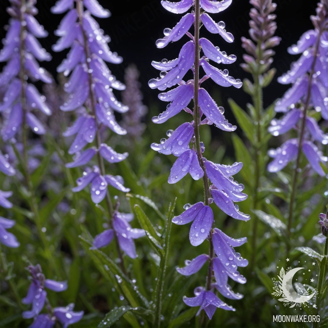 A delicate sweet lobelia with dew drops on its petals under the night sky.