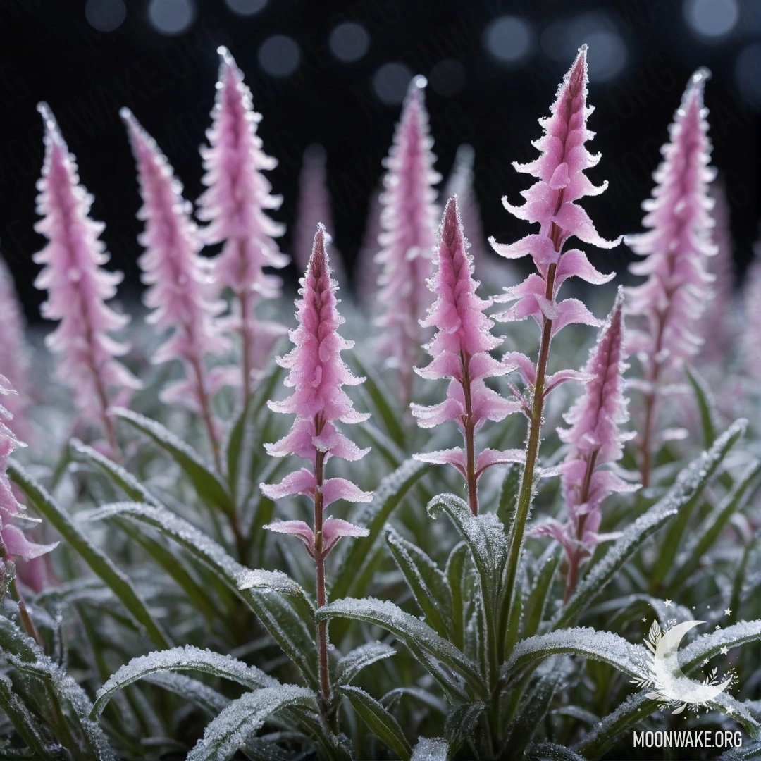 Pink sweet lobelia flowers covered with frost at night.