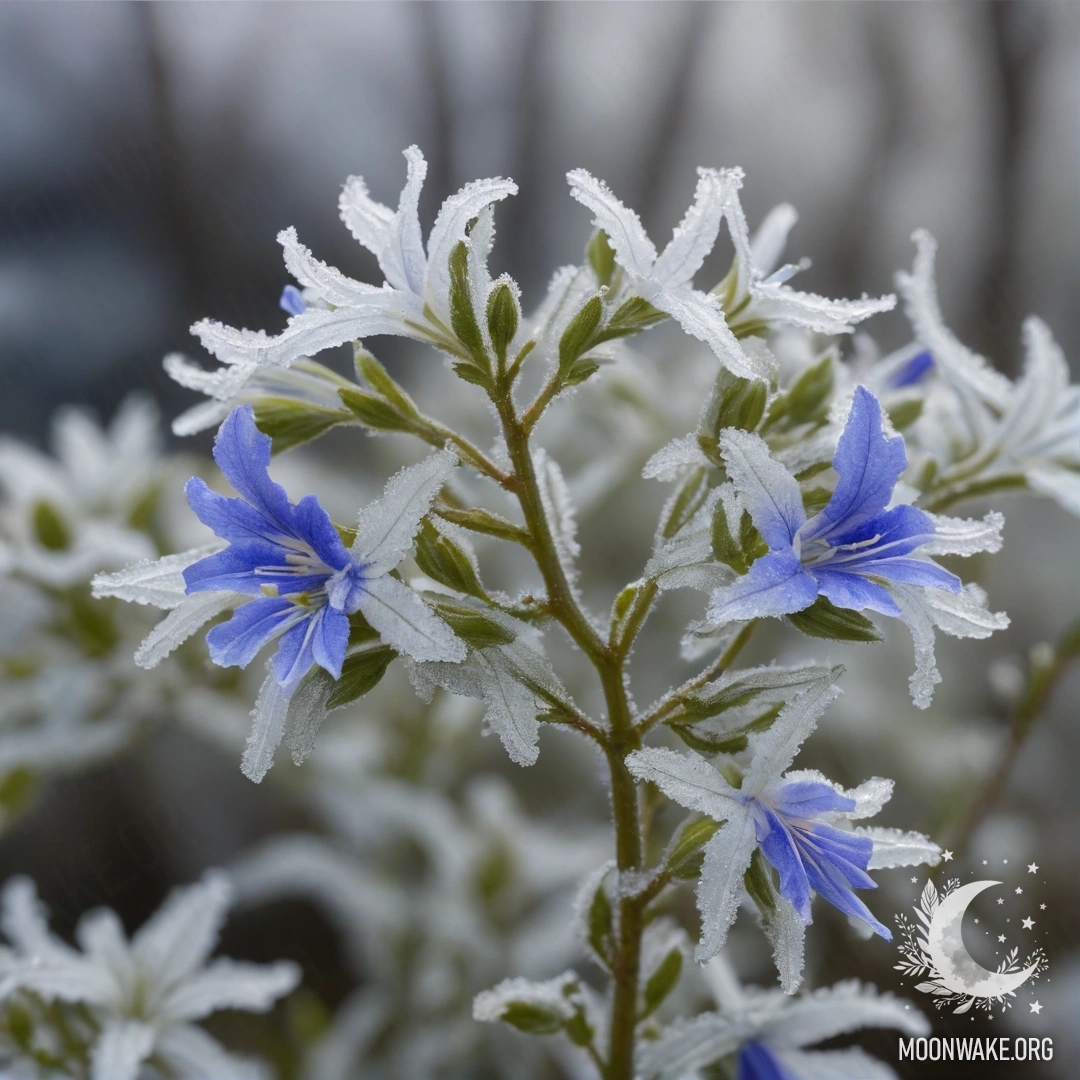 A vibrant lime-colored lobelia surrounded by intricate frost patterns.
