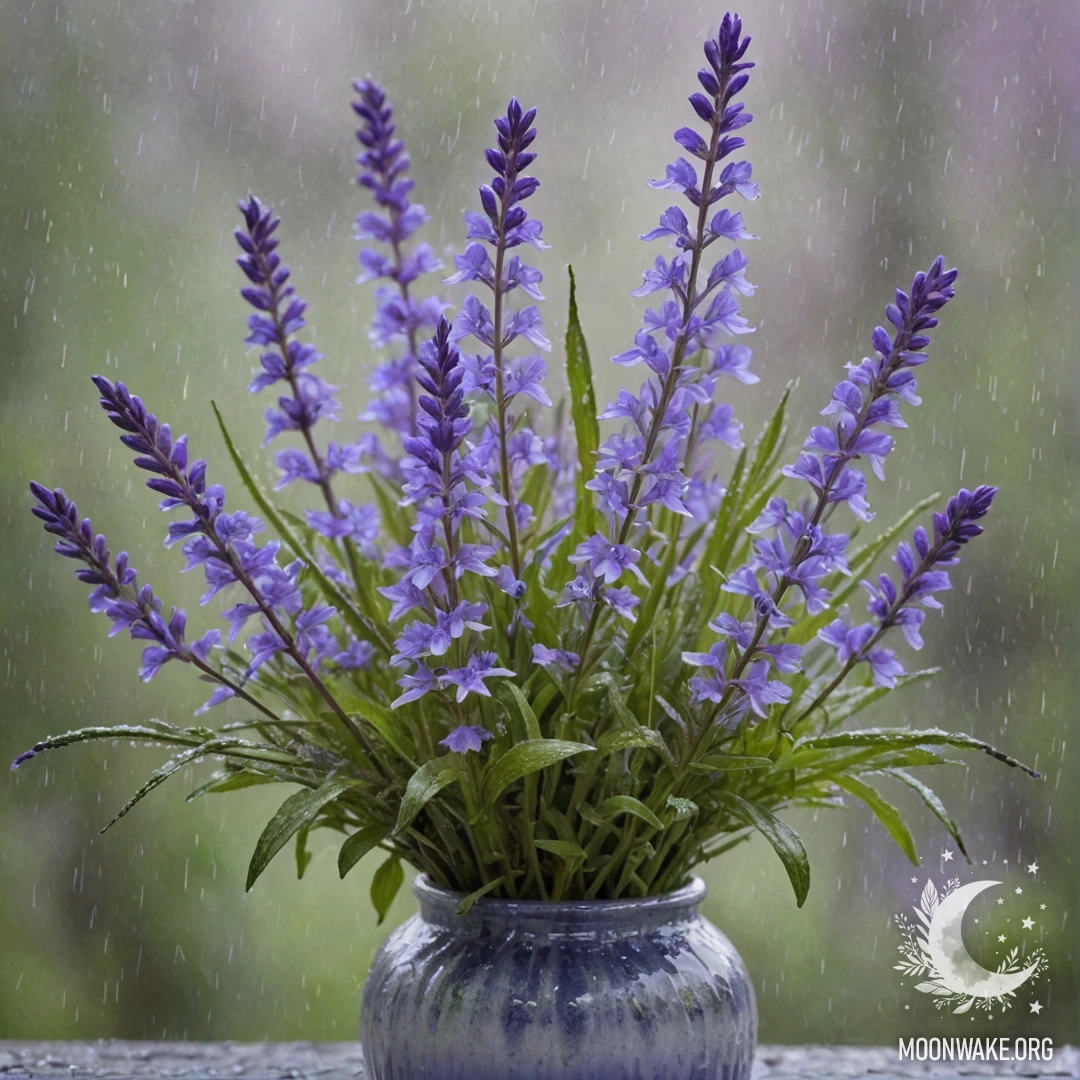 A delicate vase filled with lavender sweet lobelia in the rain.