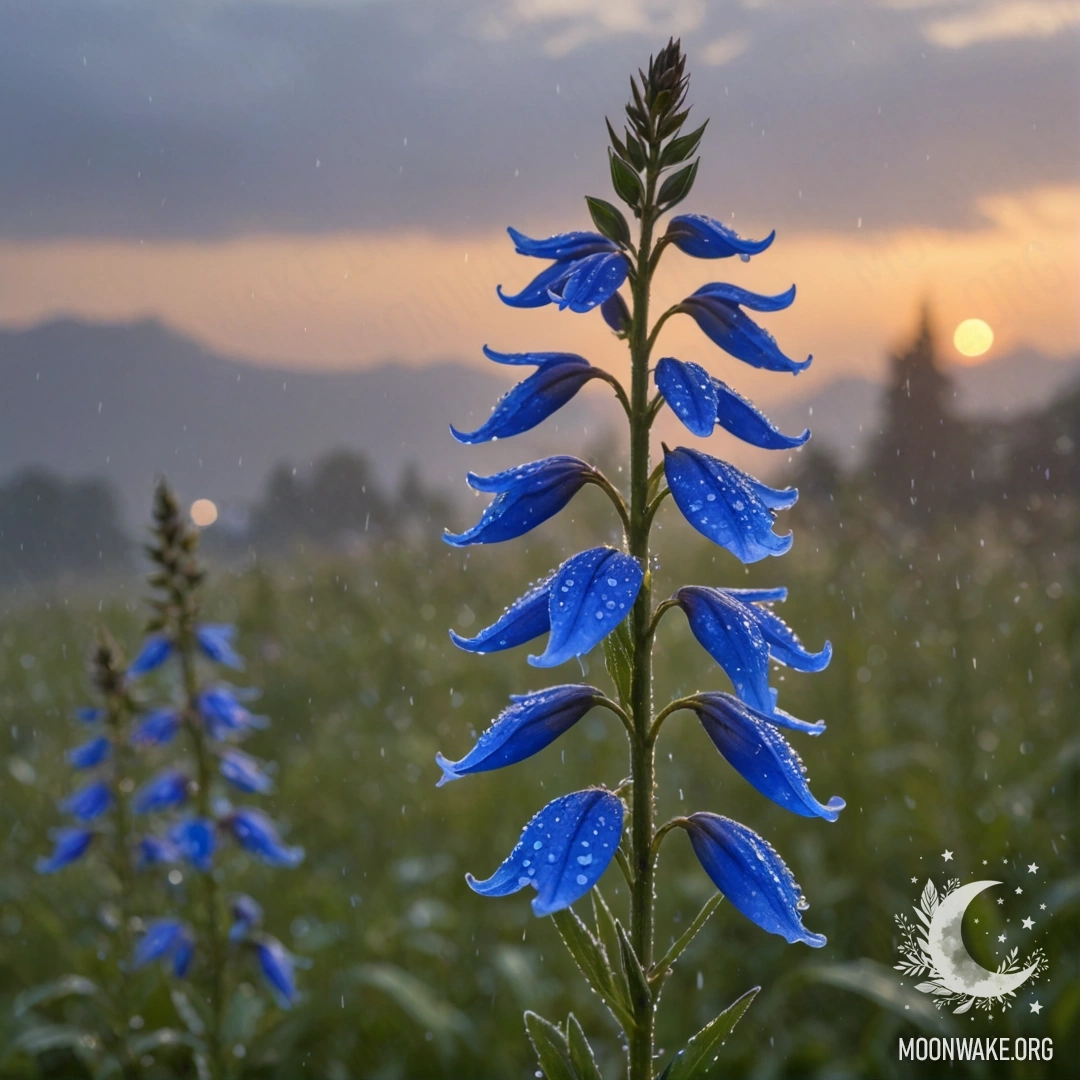 A serene scene of sweet lobelia flowers in the misty rain during sunset, with a sky blue background and hints of glitter.