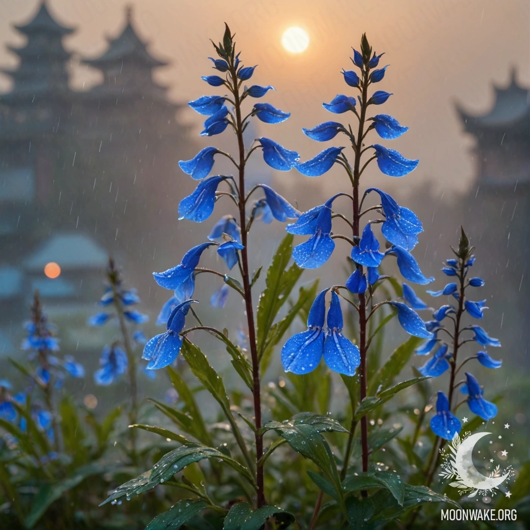 Sweet Lobelia in Misty Rain at Sunset A delicate sweet lobelia flower surrounded by mist and rain, illuminated by a sunset glow.
