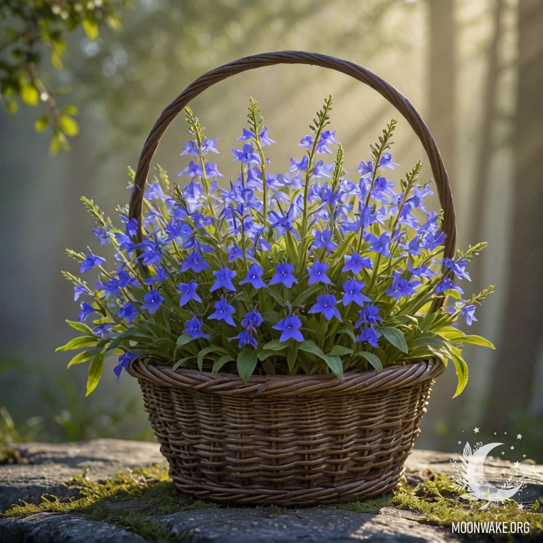 A basket filled with sweet lobelia flowers, surrounded by fog and sunlight.