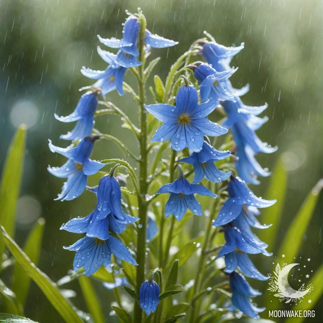 Sweet Lobelia in the Rain A delicate aquamarine sweet lobelia flower, glistening under rain with rays of sunshine in the background.