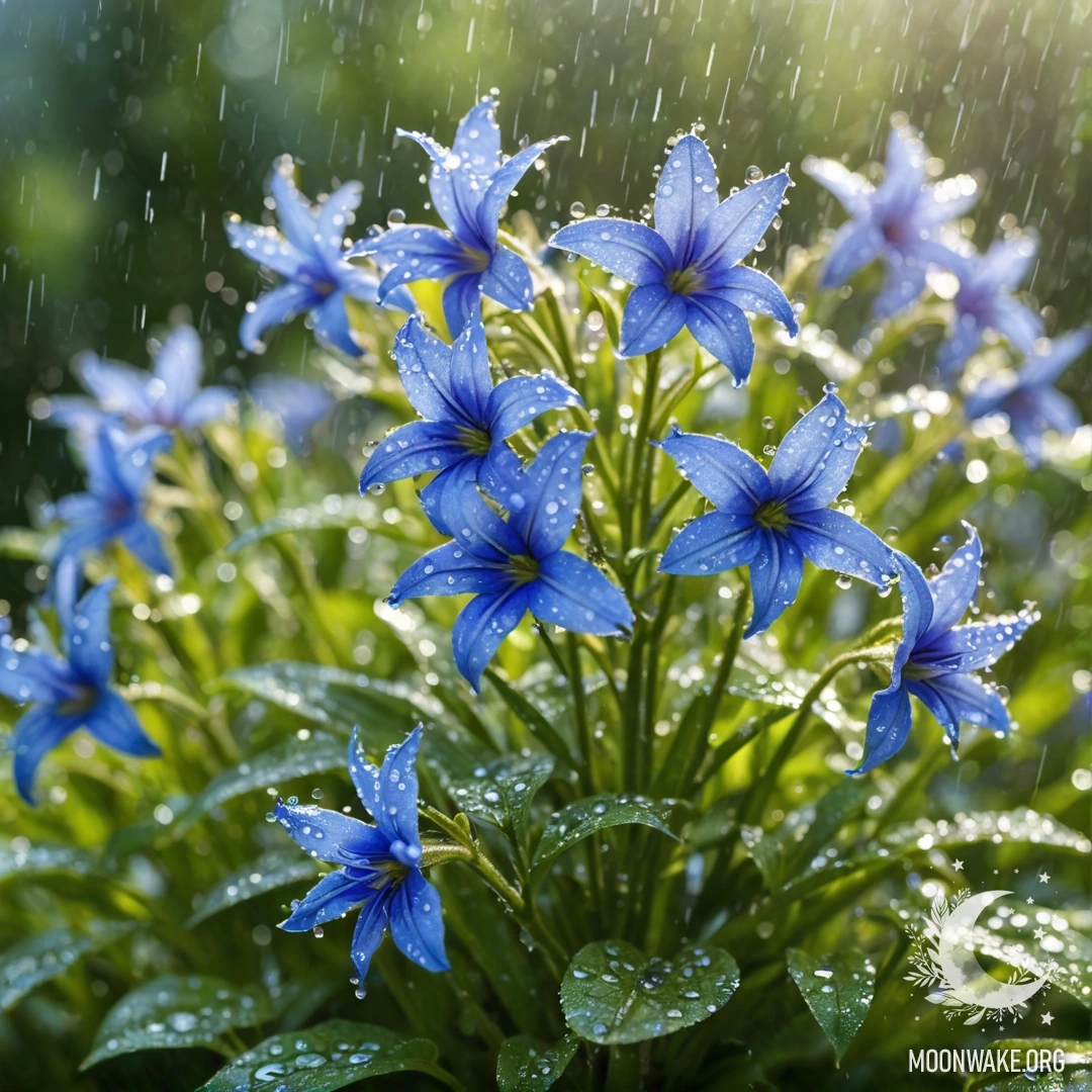 Sweet lobelia flowers drenched in rain, illuminated by sunrays and sparkling rhinestones.