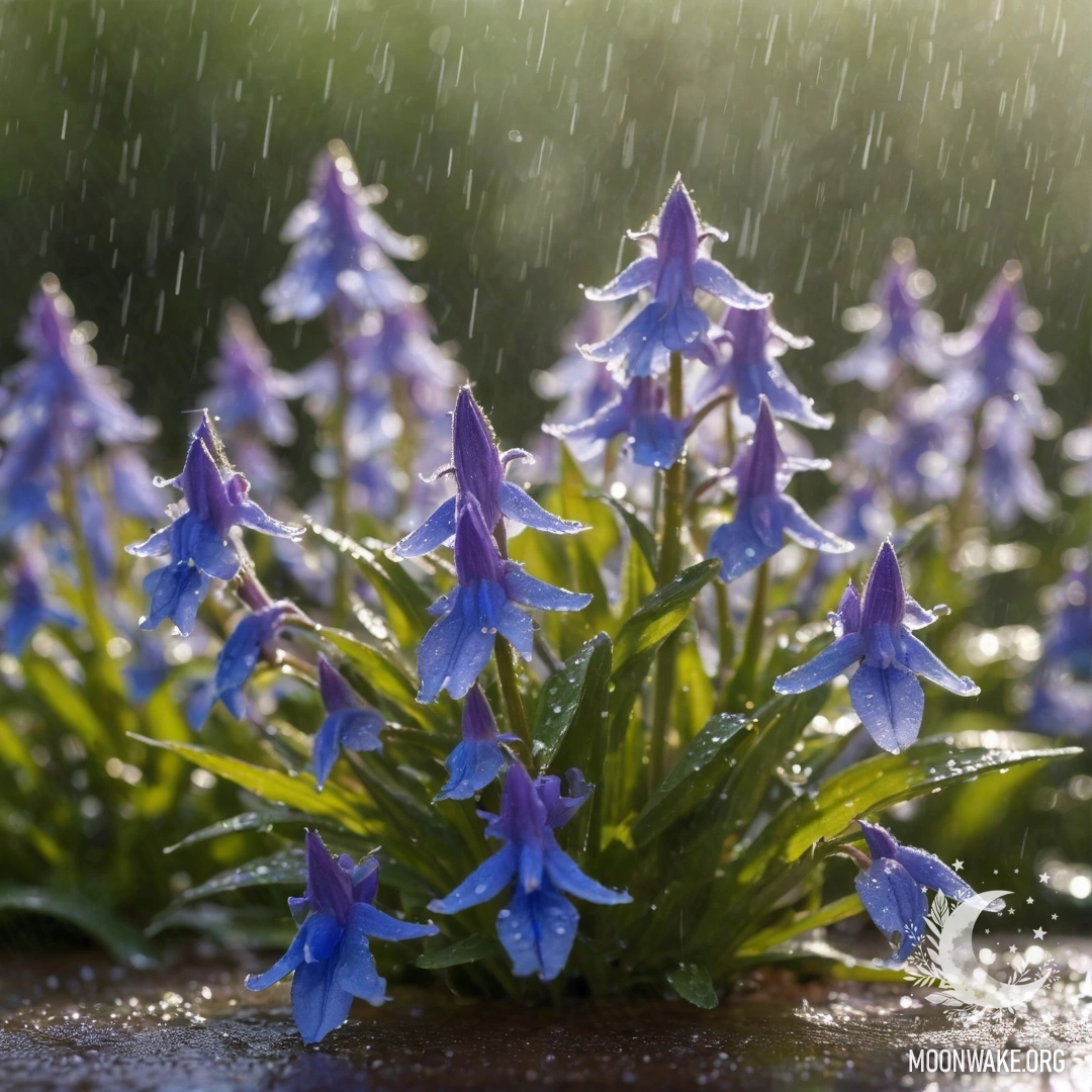 A delicate sweet lobelia flower drenched in rain with sunny rays.