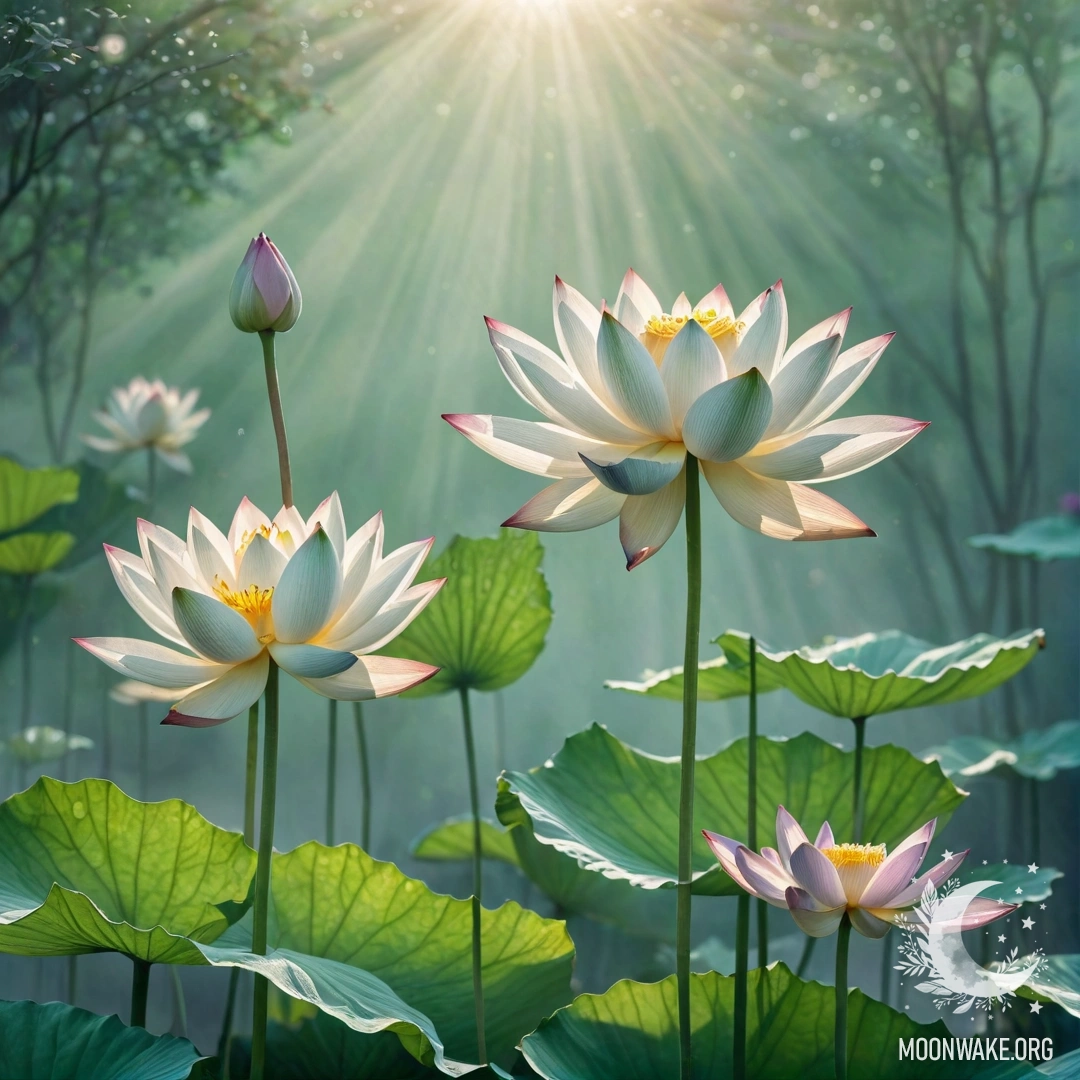 A delicate bouquet of mint-colored sweet lilys emerging from the fog, illuminated by sunny rays.