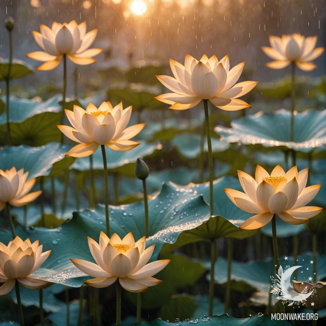 A sweet lotus flower under soft rain during a colorful sunset.