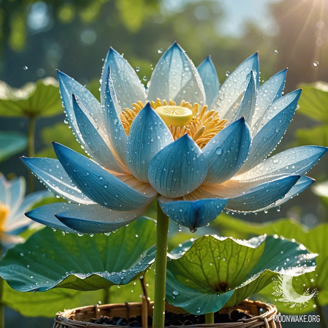 Sweet Lotus with Dew Drops in Blue Basket A delicate lotus flower adorned with dew drops, resting in a sky blue basket, illuminated by sunny rays.