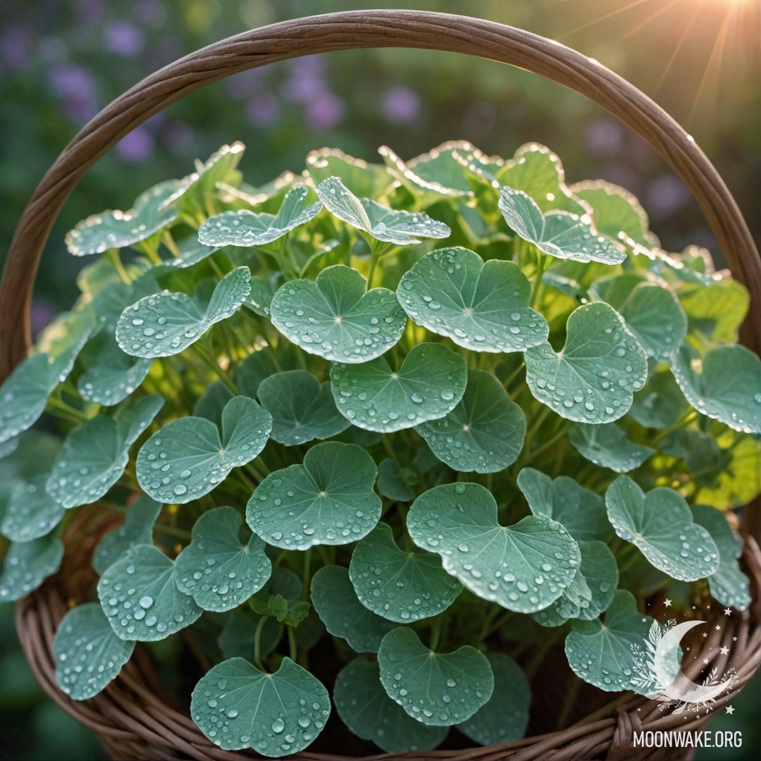 A basket filled with sweet lunaria adorned with dew drops at sunset.