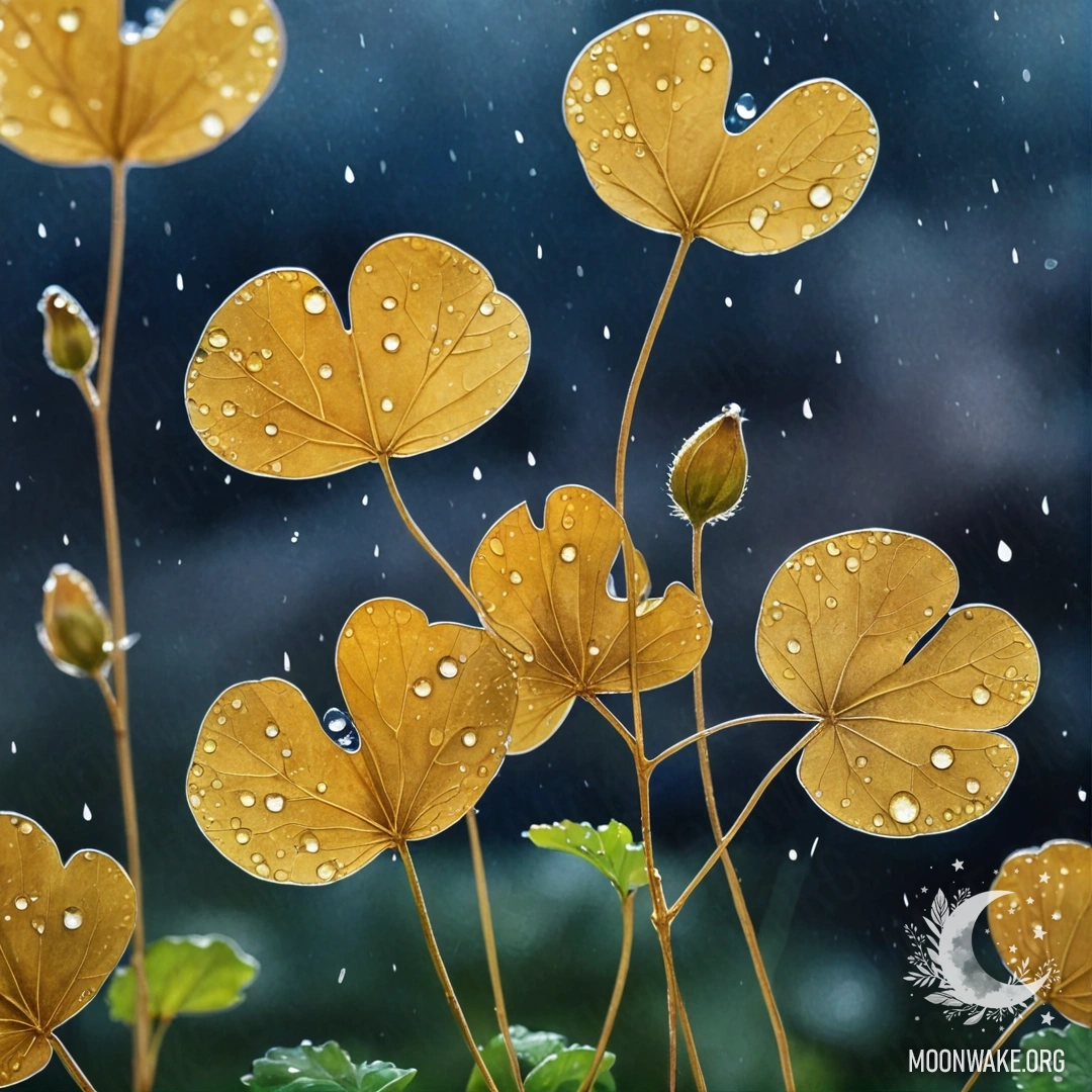 Sweet Lunaria in Raindrops at Night A watercolor painting of sweet lunaria plants illuminated by raindrops at night.