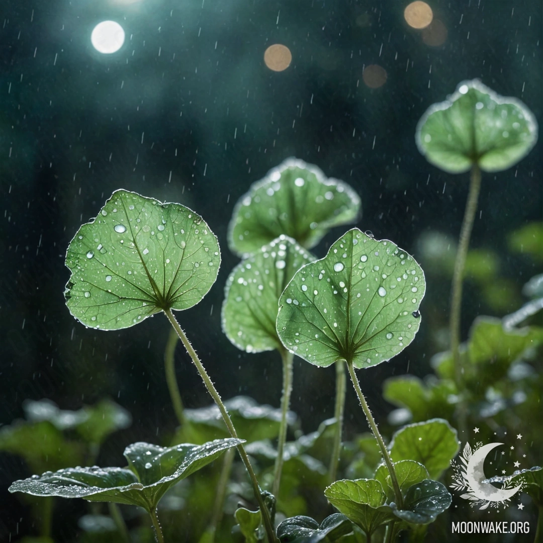 A watercolor painting of sweet lunaria in green color under the rain at night.