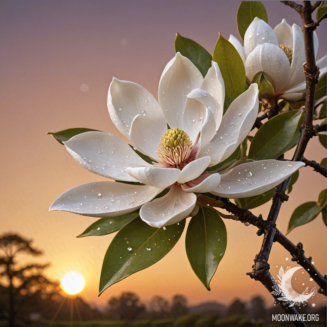 A close-up of a sweet magnolia flower with dew drops, olive-colored, adorned with rhinestones against a sunset background.