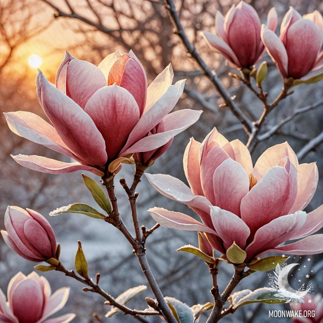 A beautiful bouquet of red magnolias covered in frost at sunset.