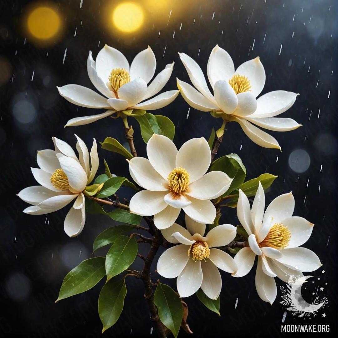 A bouquet of yellow sweet magnolias surrounded by mist and rain at night.