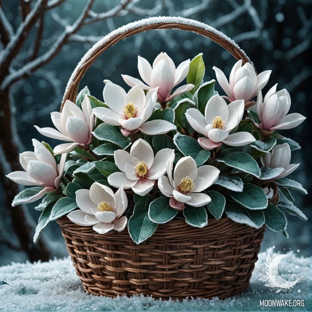 A basket containing sweet magnolia flowers covered in frost at night.