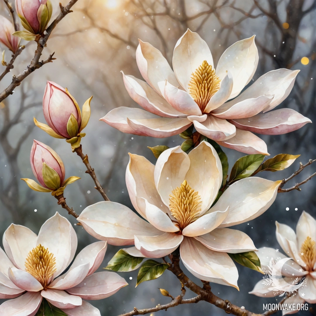 A watercolor painting of a sweet magnolia surrounded by mist and golden sequins.