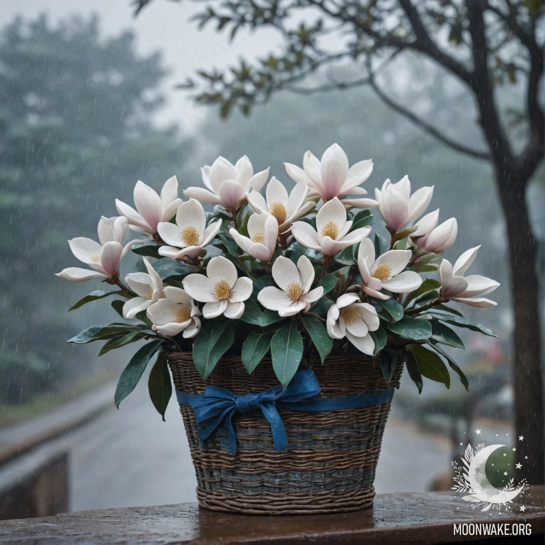 A blue magnolia in a basket surrounded by mist and rain.