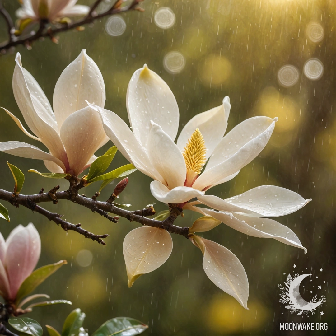 Sweet Magnolia Under the Rain A close-up of a sweet magnolia tree with yellow patterns and raindrops, basking in warm sunshine.
