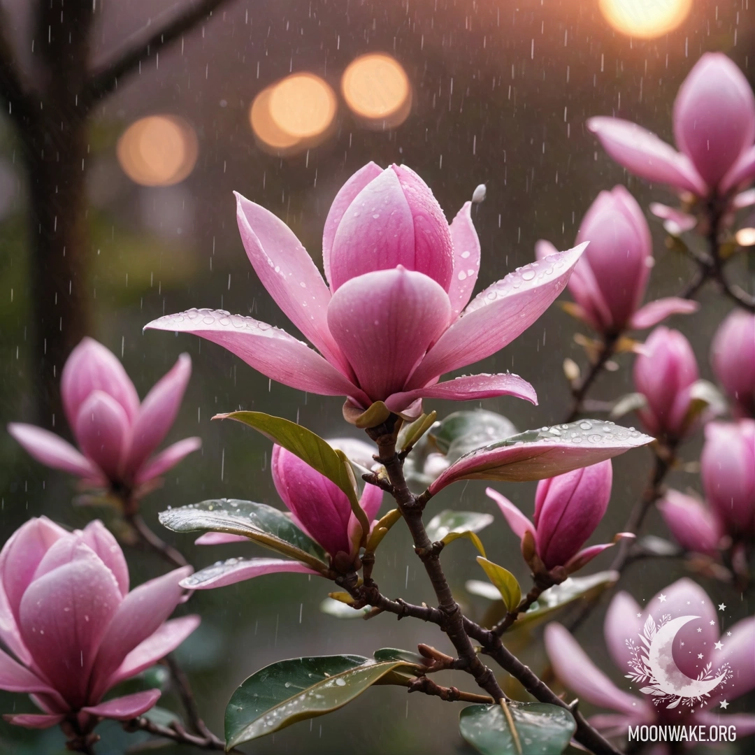 Sweet Magnolia Under Rain A sweet magnolia tree with fuchsia blossoms in the rain at sunset.