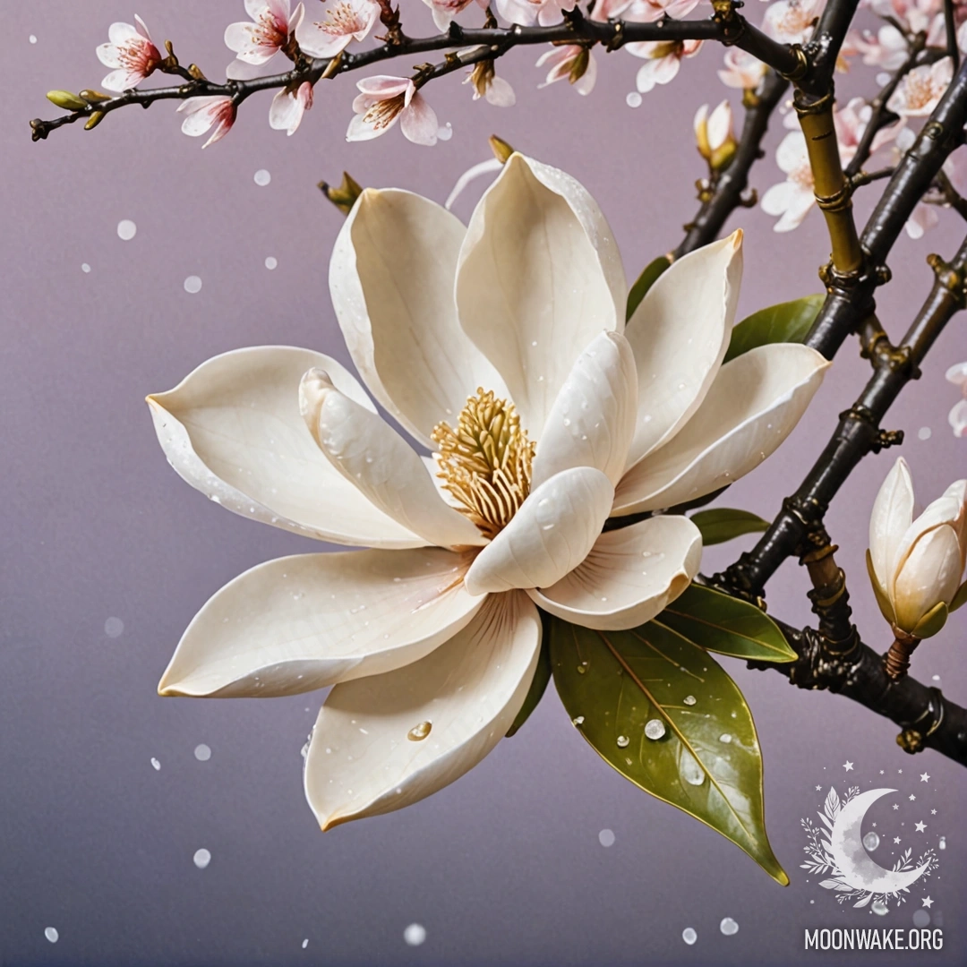 A yellow sweet magnolia flower adorned with dew drops and sparkling glitter.