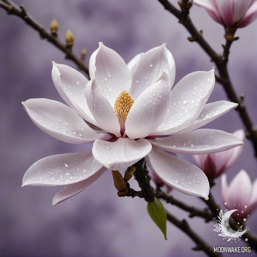 A lavender-colored sweet magnolia adorned with dew drops and glitter.