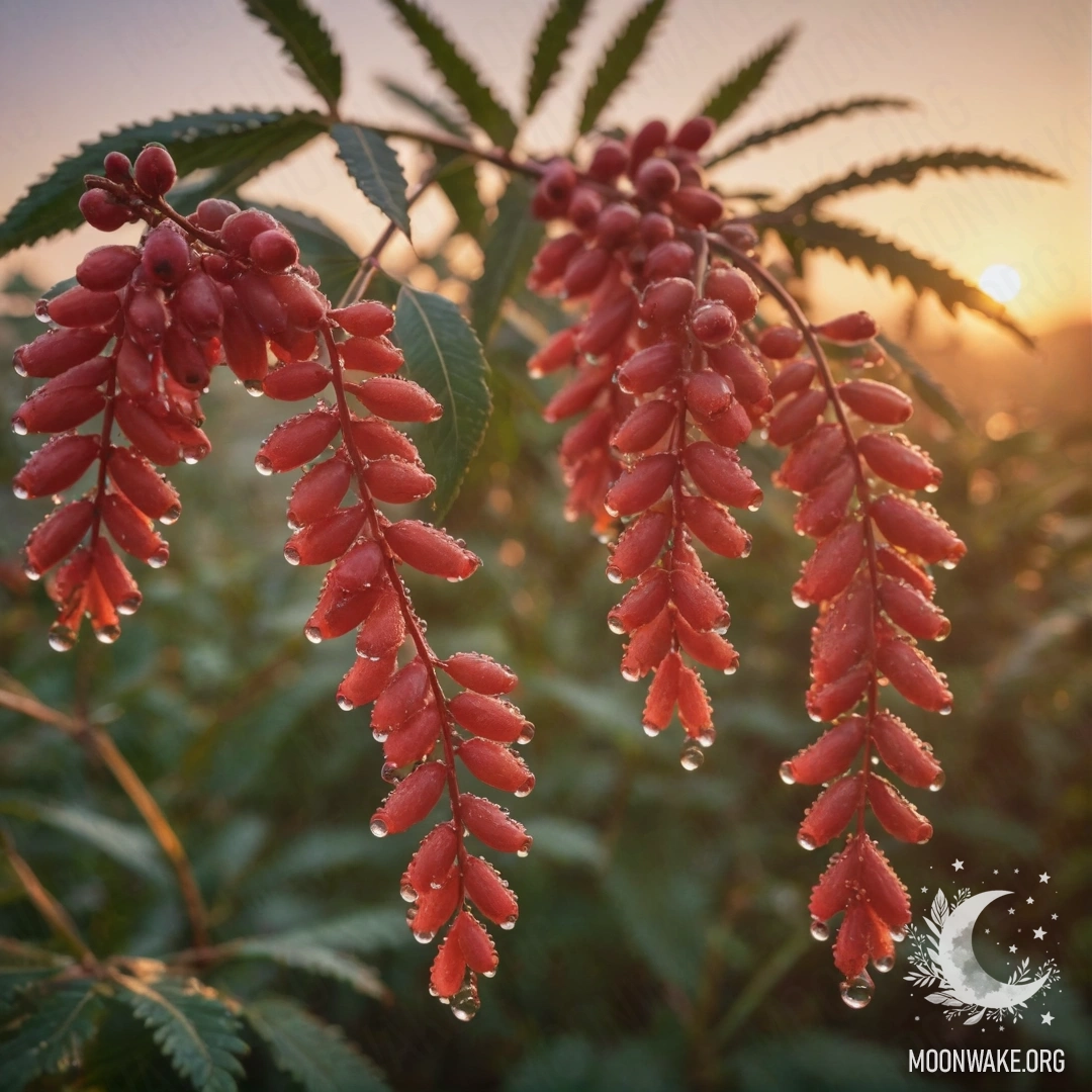 A sweet mimosa with dew drops, seen against a red sunset.