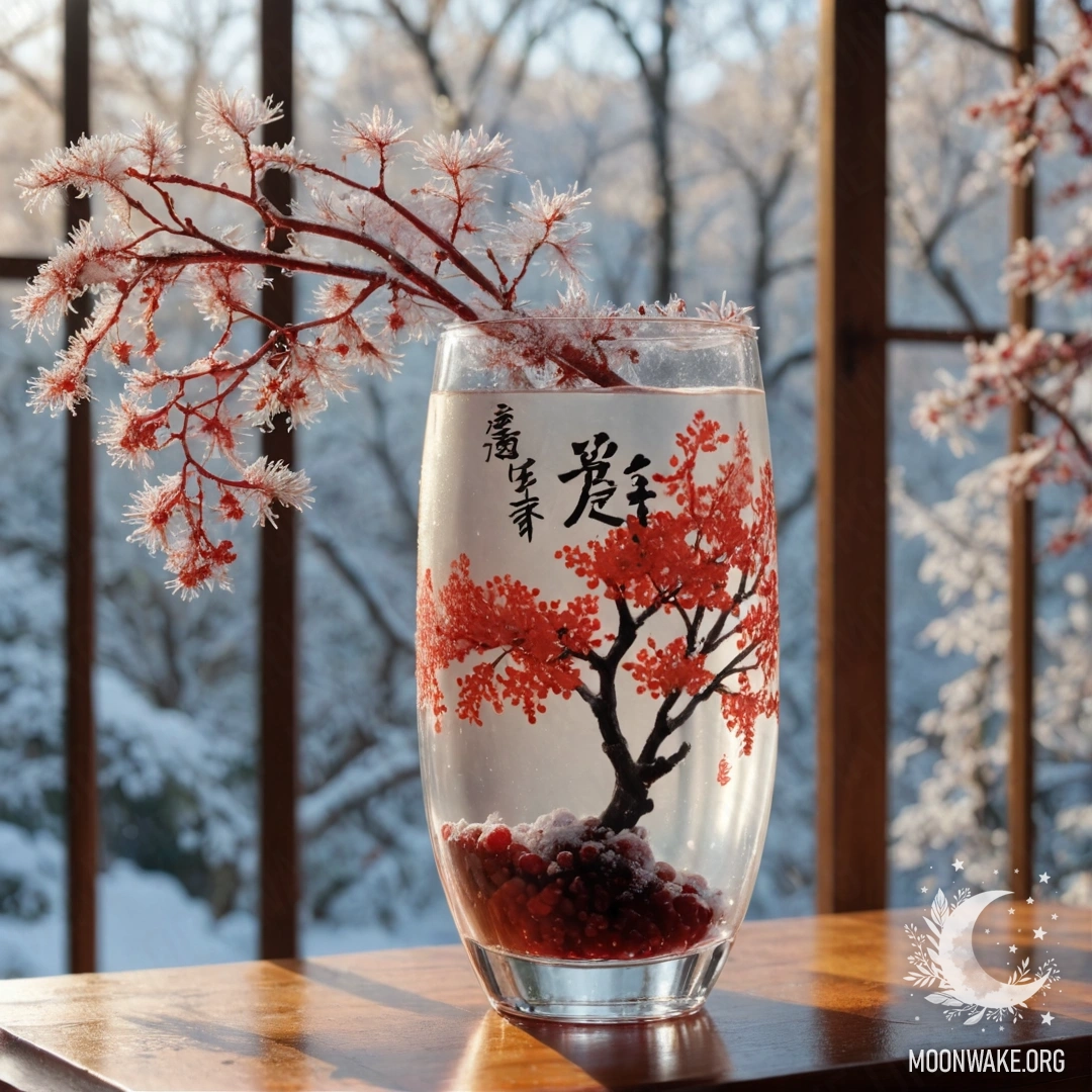 Sweet Mimosa in Frosty Vase A vibrant red mimosa flower in a frosty vase, basking in sunlight.