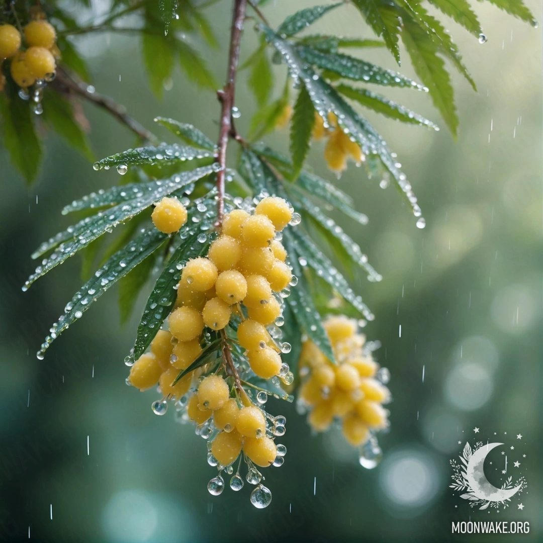 A delicate mimosa flower with aquamarine color, glistening with rhinestones under the rain and sunny rays.