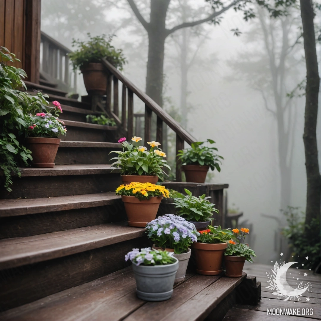 A wooden staircase shrouded in dense mist, decorated with flowerpots.