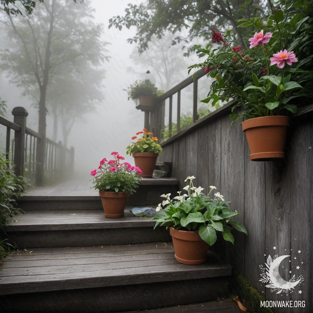 A wooden staircase surrounded by heavy fog and flowerpots.