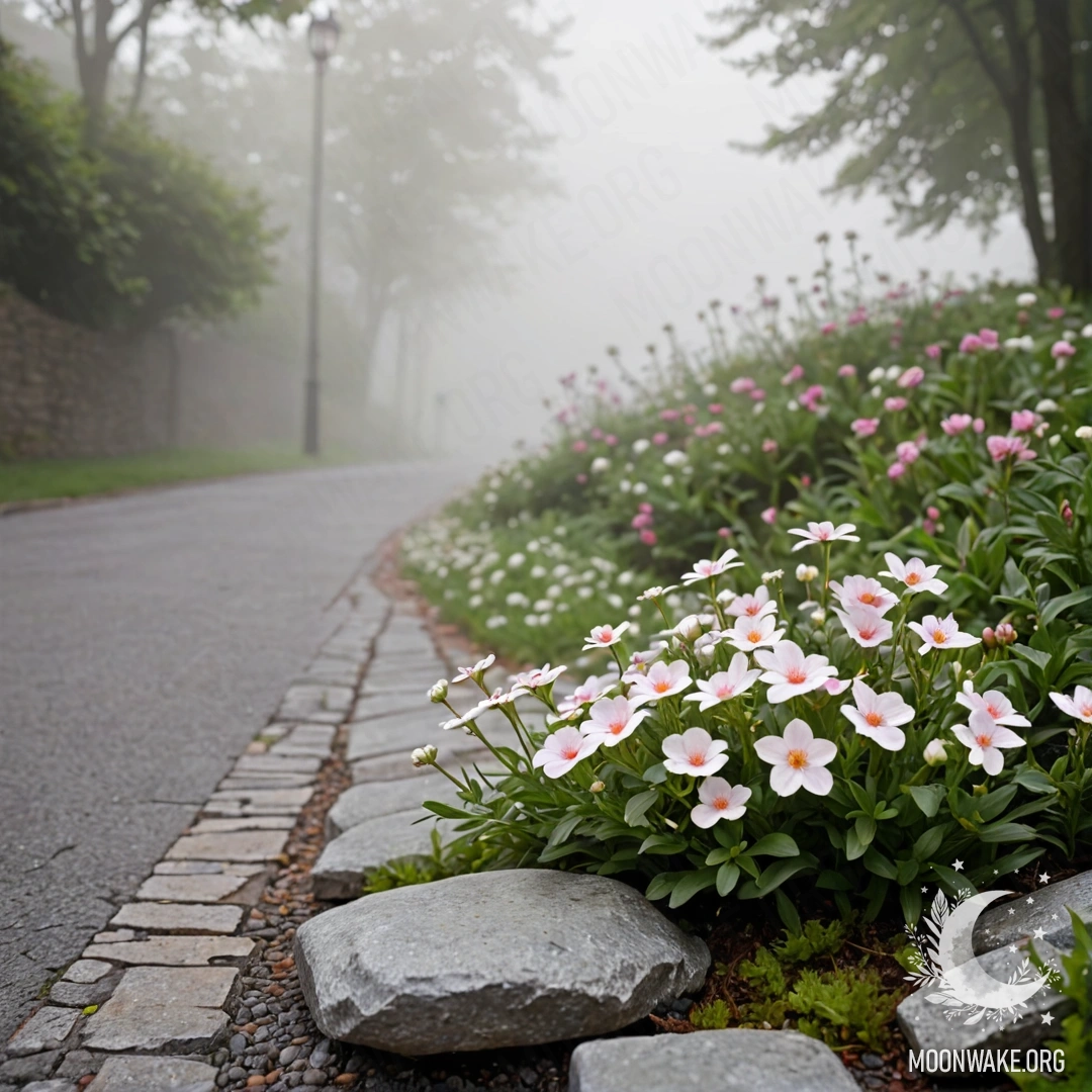A shabby stone curb with small white and pink flowers growing behind it, surrounded by heavy fog.