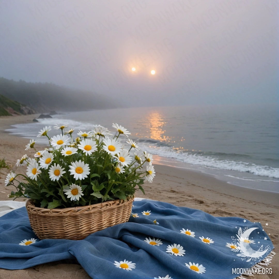 Sweet Moment on the Beach at Sunset A straw bag with a blue tablecloth and bouquet of daisies on sandy beach at sunset with sea in the background shrouded in mist.