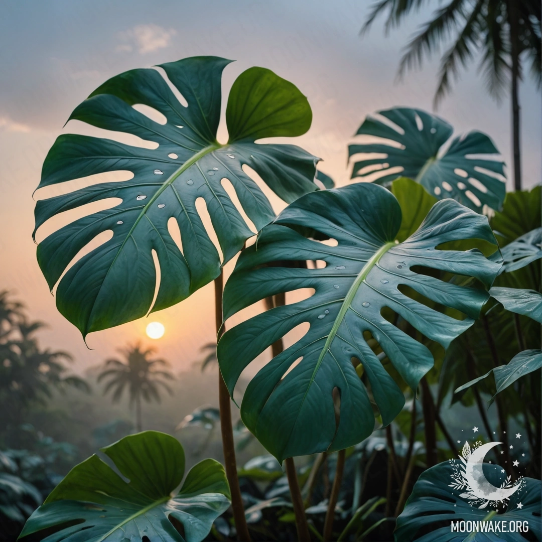 Monstera leaves surrounded by mist with a sunset background in greenish blue