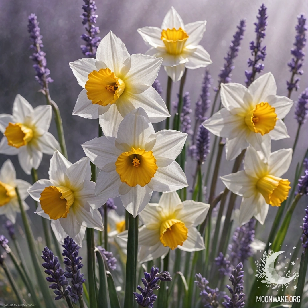 A bouquet of lavender-colored sweet narcissus in mist with sunny rays.