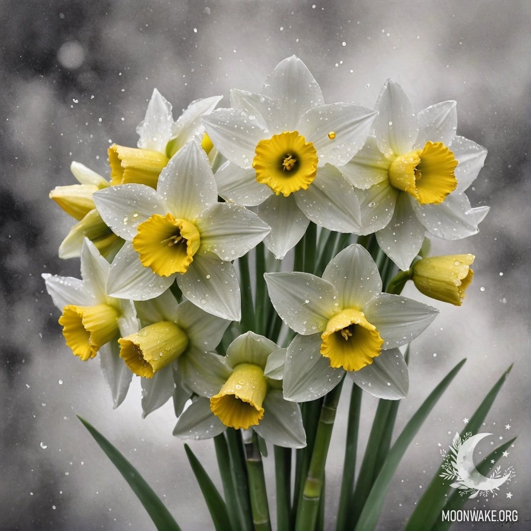 Sweet Narcissus Bouquet with Dew Drops A bouquet of sweet narcissus flowers in lime color adorned with dew drops.
