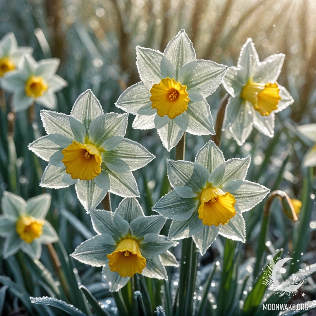 A delicate narcissus flower covered in frost, illuminated by sunny rays.