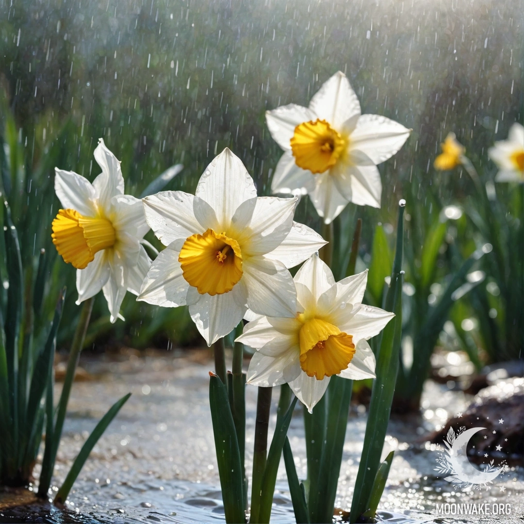 A sweet narcissus flower illuminated by sunny rays, surrounded by rain drops.