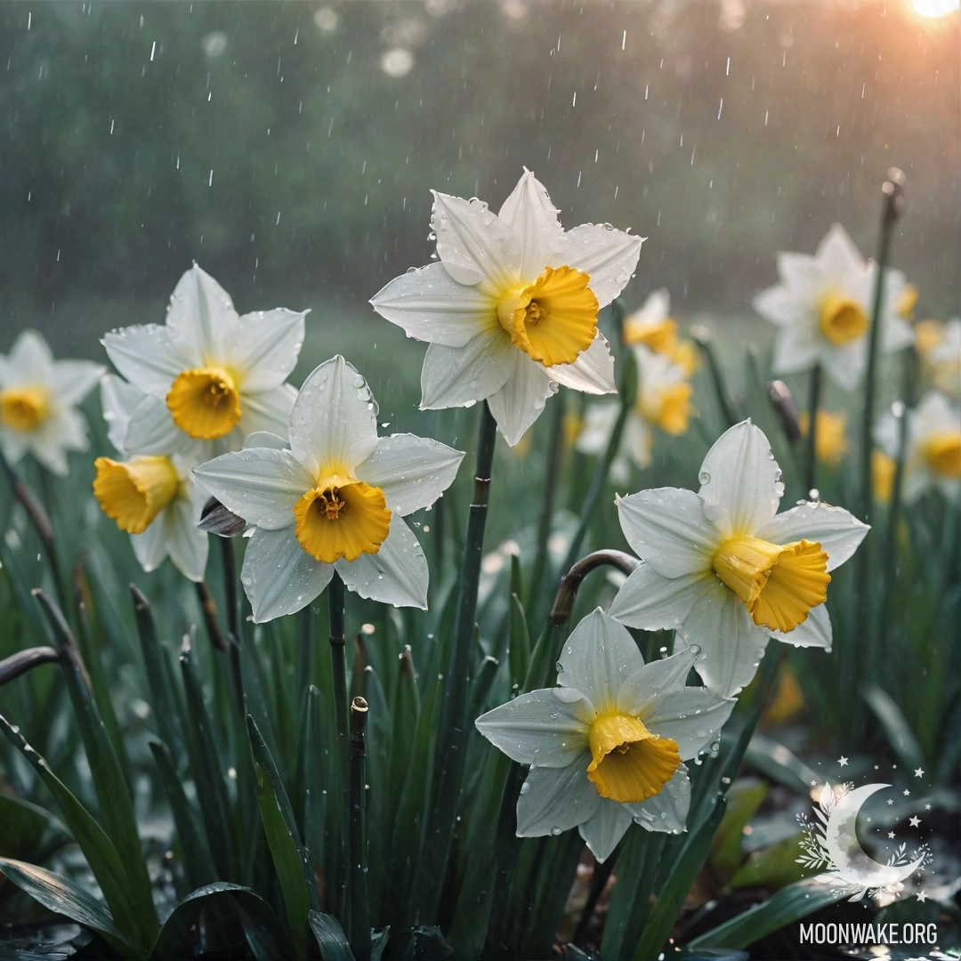 A delicate narcissus flower surrounded by mist and rain at sunset.